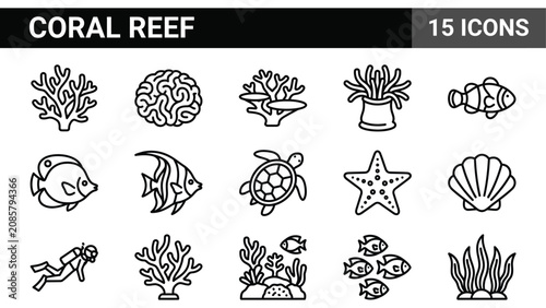 Foto Coral reef icon set with 15 linear vector elements