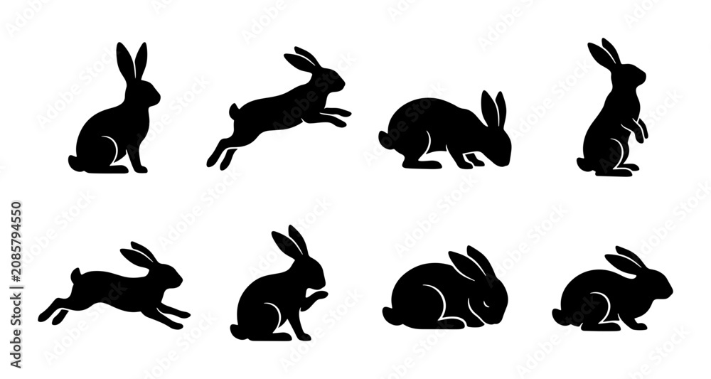 Fototapeta premium Rabbit Silhouettes, Bunny Poses Vector Set, Cute Hare Icons, Animal Graphics
