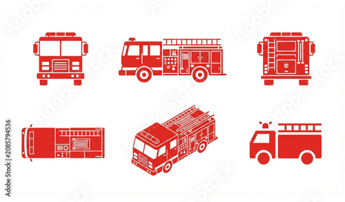 Foto Modern Minimal Fire Engine Icon Set with Six Perspective Views for Emergency and