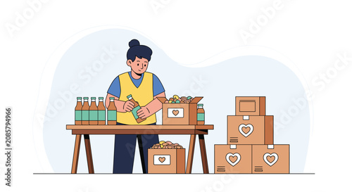 Female volunteer organizing and packing glass bottles and canned food into charity donation boxes at table.