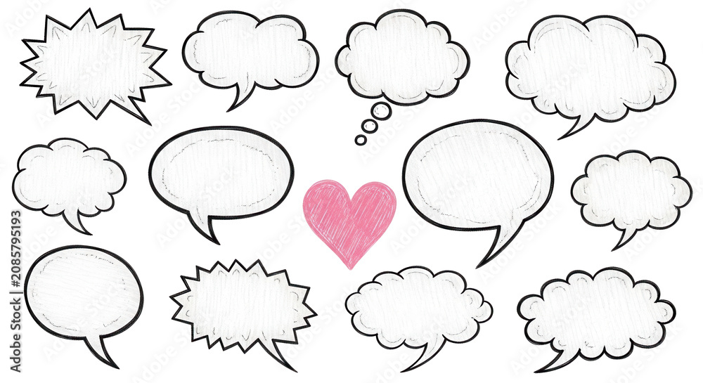 Fototapeta premium Collection of hand drawn comic speech bubbles and spiky thought clouds with pink pencil heart on transparent background concept of romantic communication and expression