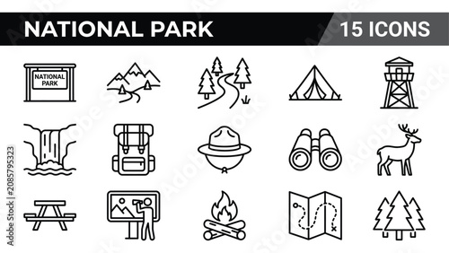Schilderij op canvas National park line icons set of 15 vector elements