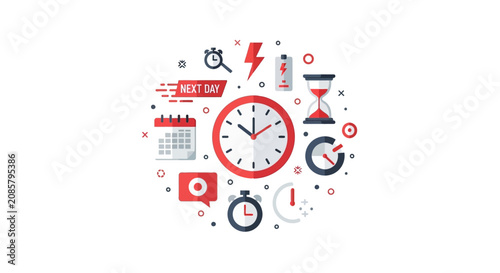 Time Management and Productivity Flat Vector Illustration with Clock, Calendar, and Efficiency Icons