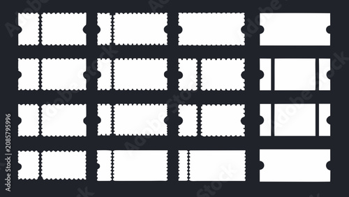 Fotografía Collection of white event ticket stubs with jagged edges arranged on a dark back