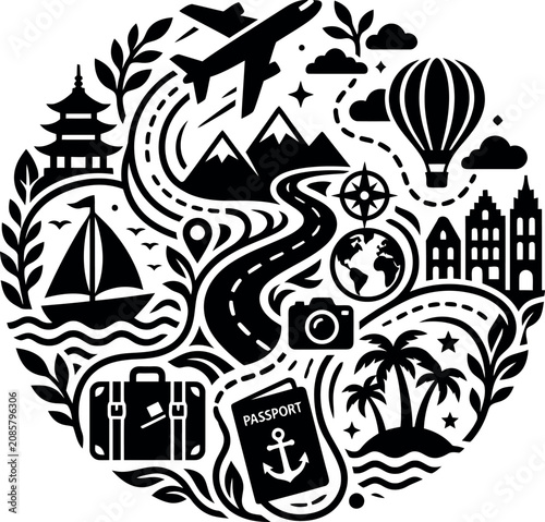 travel tourism adventure exploration vacation a black and white circular vector illustration of global destinations and iconic landmarks.