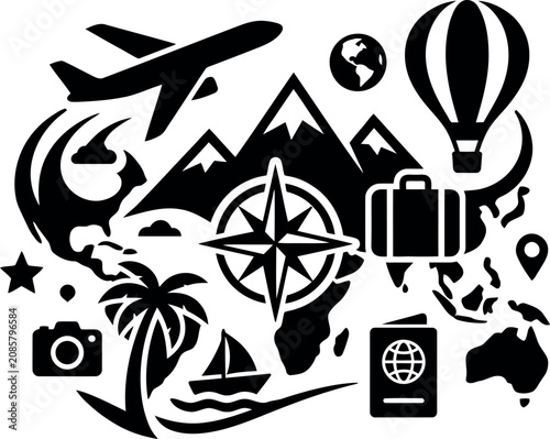 diverse travel and adventure icons including airplane hot air balloon and globe