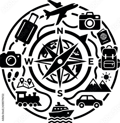 travel and exploration compass with icons of transportation and adventure