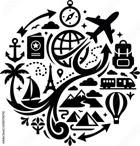 global travel adventure with passport airplane train hot air balloon and landmarks