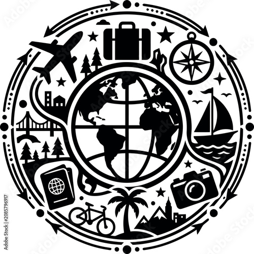 global travel concept with iconic landmarks transportation and adventure symbols