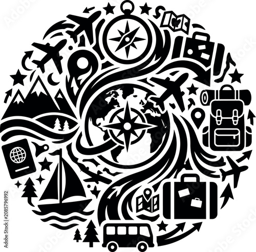 travel and adventure concept with globe compass suitcase and airplane icons