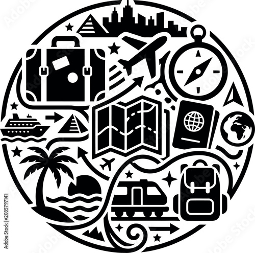 vintage travel icons in a circle representing vacation and exploration