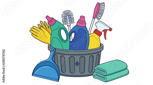 bucket of cleaning supplies with gloves brushes and spray bottles