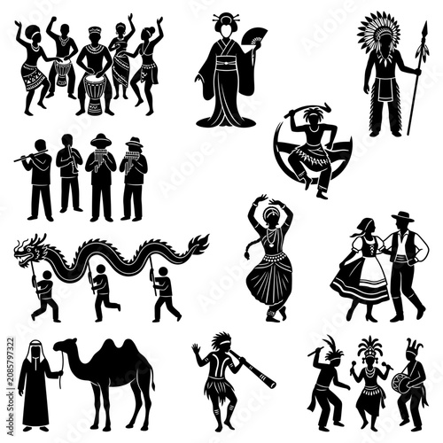 cultural diversity world cultures traditional dance folk music and global traditions depicted in black silhouettes.
