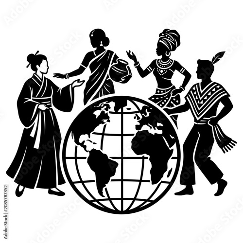 diverse people from different cultures gather around a globe symbolizing global unity cultural diversity and international cooperation for peace