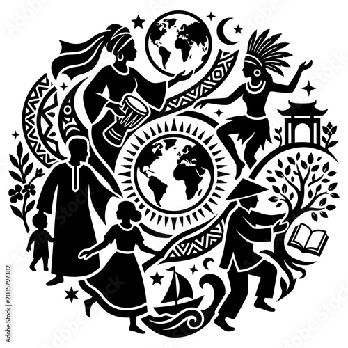 global community celebrating cultural diversity and world unity with people of various cultures connecting around a central earth.