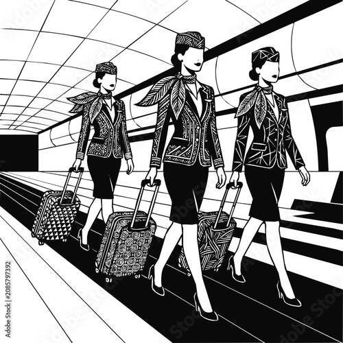 Uniform, travel - Elegant flight attendant and stewardess crew walking through a modern airport terminal with rolling luggage, wearing matching