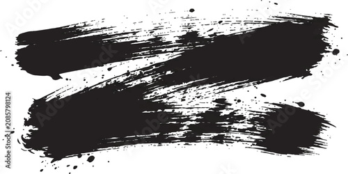 Black ink brush strokes with splatters in a dynamic abstract pattern for background design