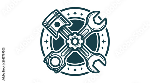 Fotografie Monochrome automotive mechanic logo featuring a crossed piston and wrench over a central gear, enclosed in a circular badge with decorative stars, isolated on white background