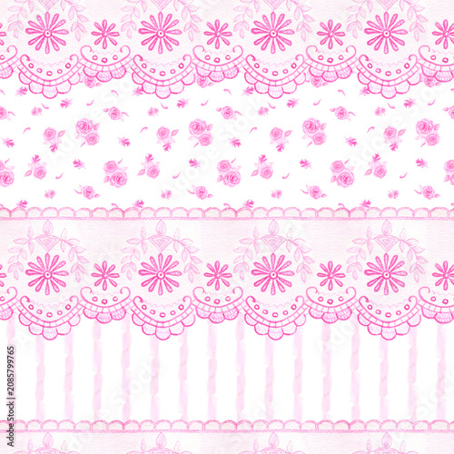 Seamless watercolor pattern in a coquette aesthetic, featuring delicate pink roses, intricate lace borders and soft stripes. Romantic hand drawn design for textiles, stationery and vintage decor.