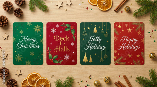 Four christmas greeting cards with festive decorations and ornaments