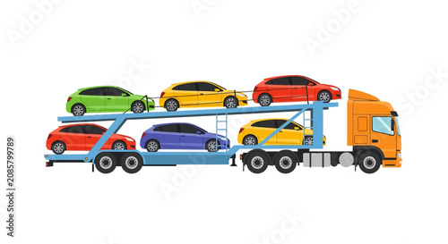Automotive Car Carrier Trailer Truck Transporting Colorful Hatchbacks, Flat Vector Illustration Isolated on White