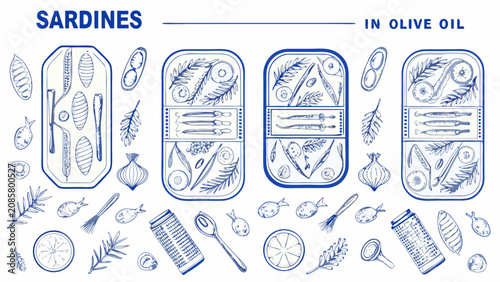 Bild auf Leinwand Vintage style blue line art illustration depicting sardines in olive oil alongsi