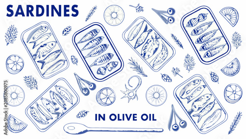 Bild auf Leinwand Sardines In Olive Oil A Vintage style Blue Sketch Pattern On A White Background