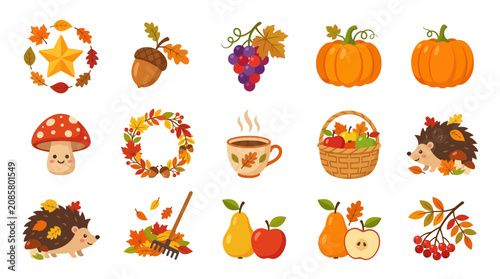 Bild auf Leinwand Autumn Harvest Collection: Pumpkins, Fruits, Acorns, Hedgehog, Mushroom, Leaves