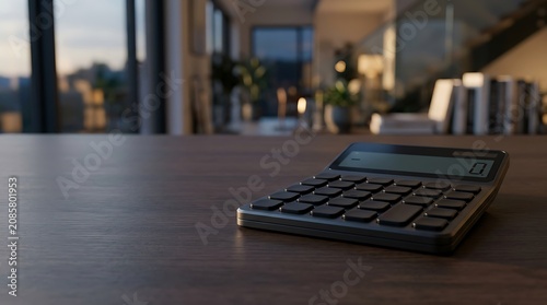 Modern black calculator on a dark wooden desk in a blurred office setting