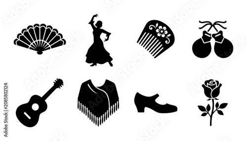 Cuadro en lienzo Flamenco Dancer Icons, Spanish Guitar, Rose, Fan, Castanets, Comb, Shawl, Shoe,