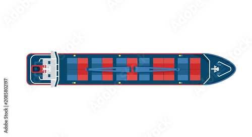 Top View Vector Illustration of a Cargo Container Ship Isolated on White Background - Global Shipping and Maritime Logistics Concept