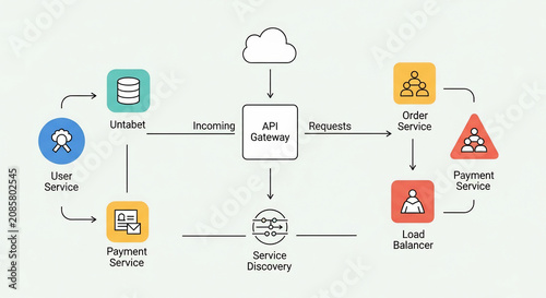 Microservices architecture diagram featuring API Gateway, data flow, user, order, payment services, load balancing, and service discovery.