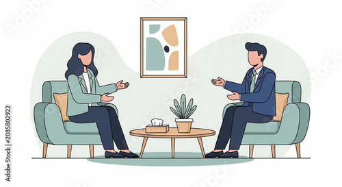 Professional business meeting, job interview, or therapy session illustration with two people discussing in a modern office.