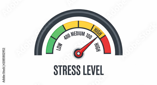 High Stress Level Meter Illustration. Gauge with red needle indicating extreme pressure, anxiety, and mental health overload.