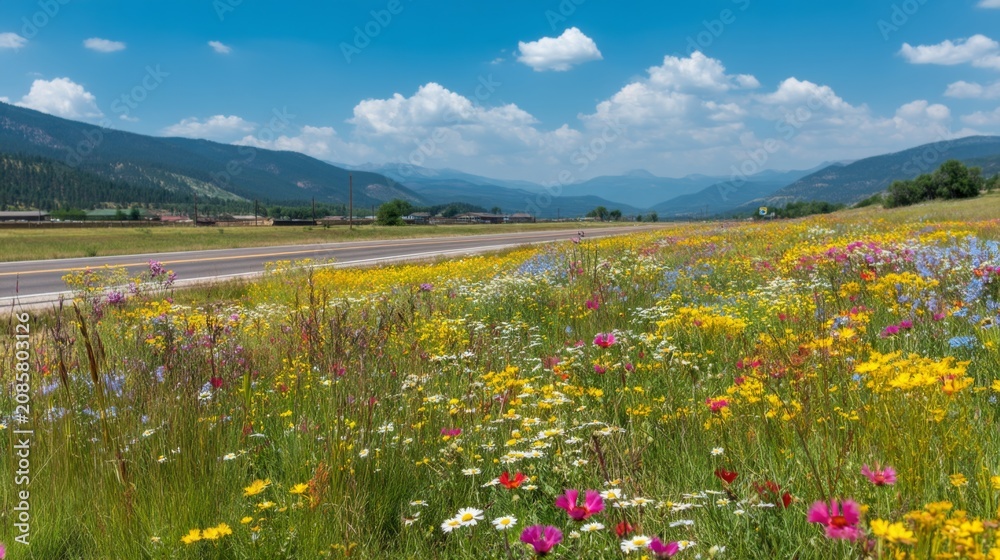 Obraz premium Vibrant Wildflower Field Under Bright Blue Sky with Majestic Mountains in Background Capturing the Beauty of Nature in Springtime
