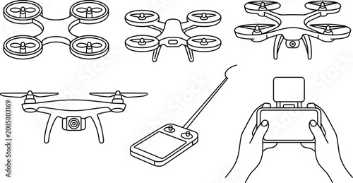 Collection of drone line art icons featuring quadcopters remote controllers and hands holding controller isolated on white background