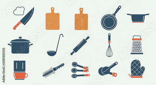 Modern Flat Design Illustration: A comprehensive collection of essential kitchen utensils and cooking equipment for culinary tasks.