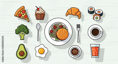 Variety of delicious food and drinks flat lay vector illustration. Includes pizza, sushi, burger, dessert, coffee, and breakfast items.