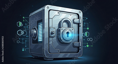 Digital data security concept with metallic safe and glowing padlock, protected information, cybersecurity, encrypted storage, privacy technology