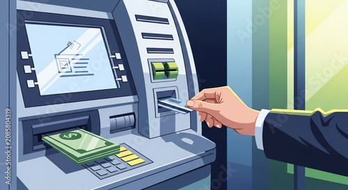 Businessperson withdrawing cash from an automatic teller machine using a bank card. Financial transaction and banking services concept.