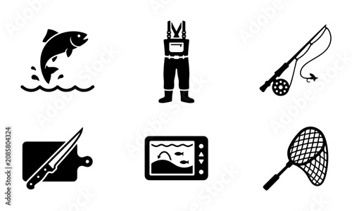 Tableau sur toile Fishing Icons Set: Jumping Fish, Waders, Rod, Knife, Sonar, Net Vector Graphics
