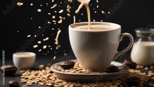 Slow motion of a rich, dark espresso shot dripping into a cup of creamy, textured oat milk 