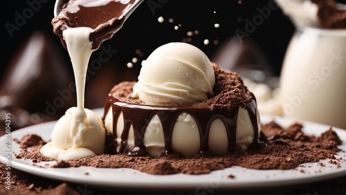 rich, hot chocolate sauce pouring over a scoop of fresh vanilla ice cream 