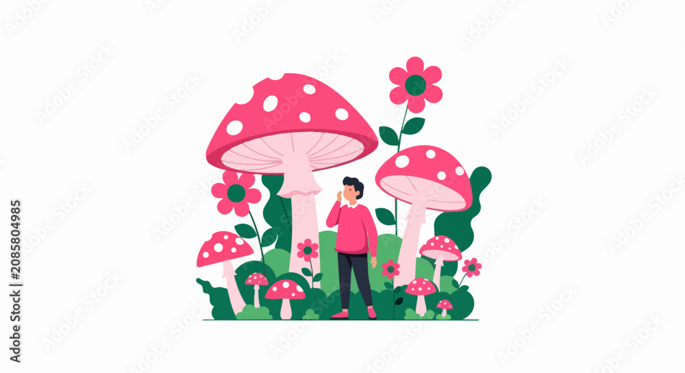 Fototapeta premium Whimsical Flat Vector Illustration of a Man Exploring a Forest of Giant Pink Mushrooms and Flowers