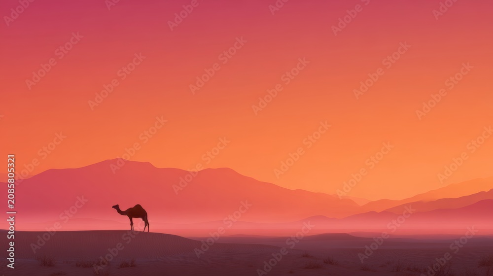 Fototapeta premium A camel walking in a desert landscape at sunset