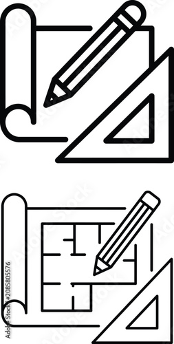 Architecture house floor plan blueprint icon. Blueprint design icon with pencil and triangle ruler
