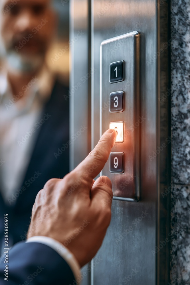 Naklejka premium Businessman hand pressing number 6 elevator button