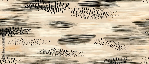 Seamless Abstract Hand-Painted Black and White Brush Pattern on Warm Neutral Paper