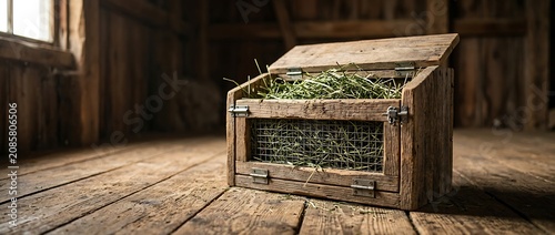 Rustic wooden small animal hay feeder filled with fresh green hay in a barn