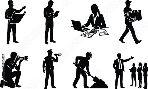 Set of professional silhouettes featuring diverse occupations including engineer builder delivery courier accountant and business manager